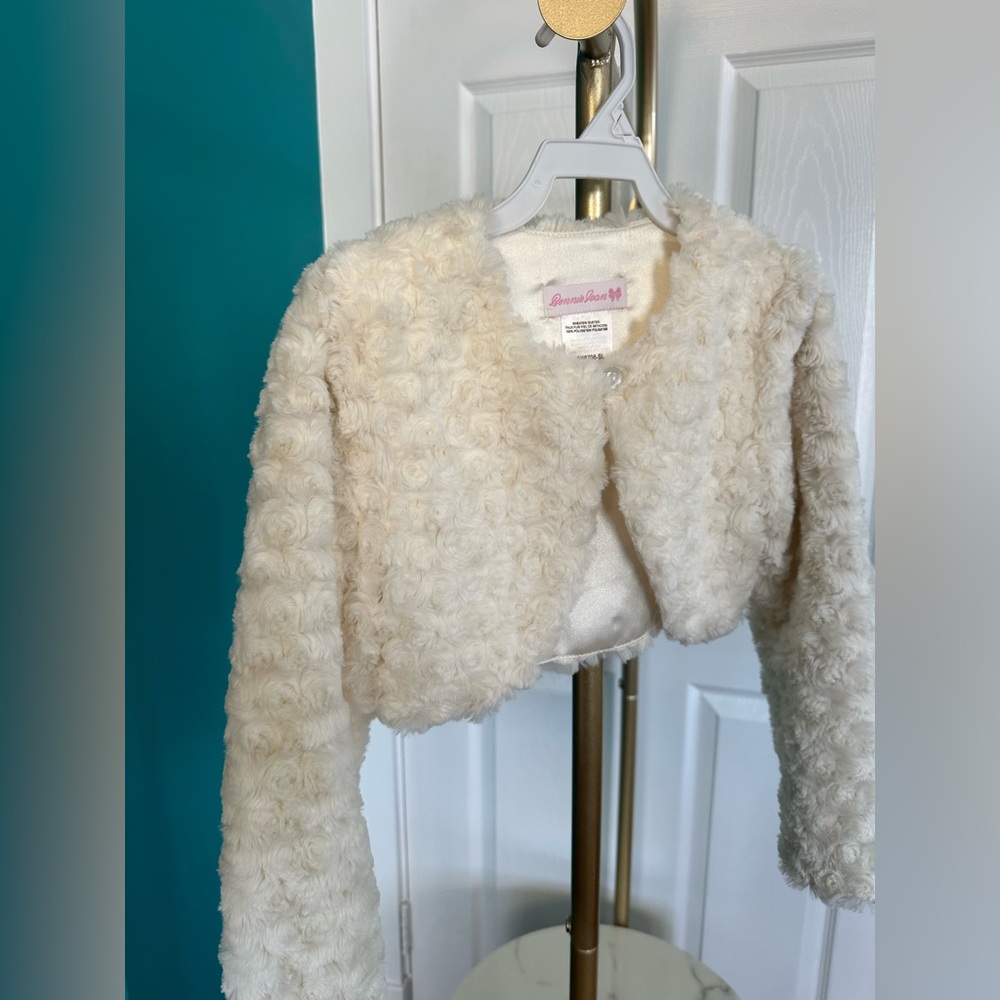 Faux Fur Cardigan with Rose Swirl Design, Girls Size 6